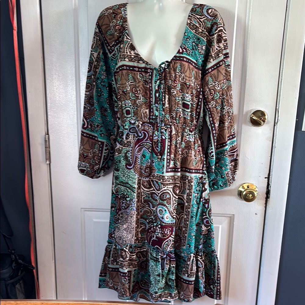 EARTHBOUND Blue Brown Casual Sundress Scoop Neck